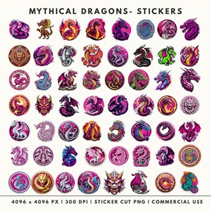 61 Mythical Dragon sticker designs with white cut borders, high-resolution 300 DPI PNG files for planners