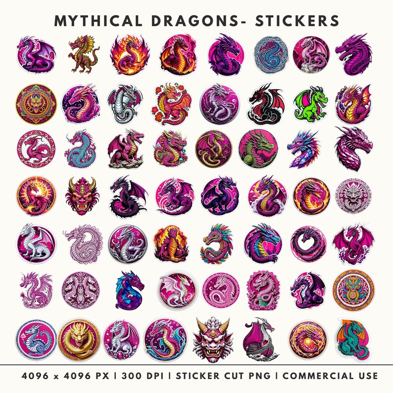 61 Mythical Dragon sticker designs with white cut borders, high-resolution 300 DPI PNG files for planners