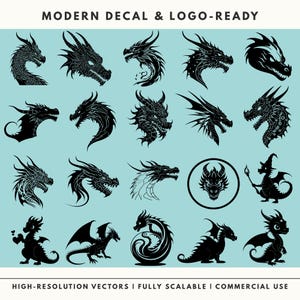 Modern dragon head profiles and logo-ready vector decals, clean line-art SVGs for professional branding.