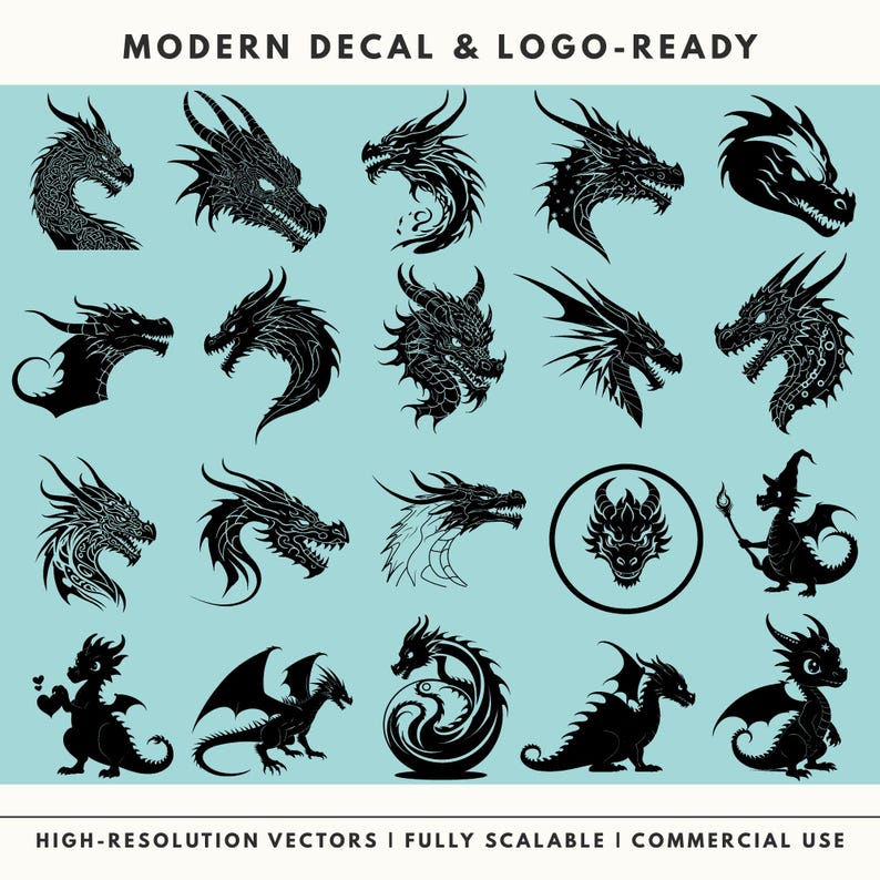 Modern dragon head profiles and logo-ready vector decals, clean line-art SVGs for professional branding.