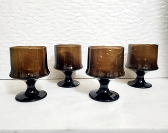 Vintage MCM smokey brown short pedestal 8 oz glasses