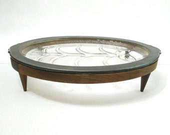 Vintage Fire King Glass Meat Platter with Silver Edge, wood Walnut Stand Wood Serving Stand, Mid-Century