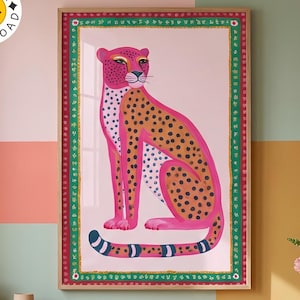 Djärv och färgglad gepardfolkkonst - Dopamindekoration Väggkonst för maximalistisk grandmillennial-stil, rosa leopardposter DIGITAL NEDLADDNING
