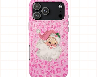 iPhone Pink Santa Phone Case, Pink Leopard Coquette Case, Chic Vintage Retro Mobile Cover, iPhone 17 16 15 14 13 12 11, iPC-0002, Trending