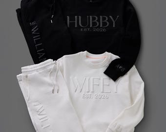Personalized Puff Wifey Sweatshirt Embossed Couple Sweatshirt Custom Wifey,Hubby Sweatshirt Gift for Newlywed Anniversary, Engagement Gift