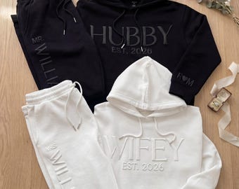 Personalized Couple Hoodie Set: Custom Embossed Wifey & Hubby Matching Hoodie, Custom Name Joggers, Honeymoon Airport Outfit
