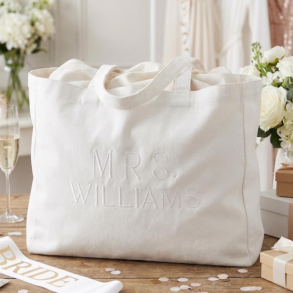 Personalized Embroidered Mrs Tote Bag, Bride Gift, Canvas Wedding Bag, Bachelorette Party Favors, Custom Bridal Shower Gift, New Mrs Purse
