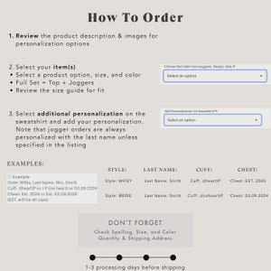 May include: A beige graphic with the text "How To Order" at the top. The image provides instructions for ordering personalized items, including selecting options, adding personalization, and reviewing examples. It also includes a reminder to check spelling and size.