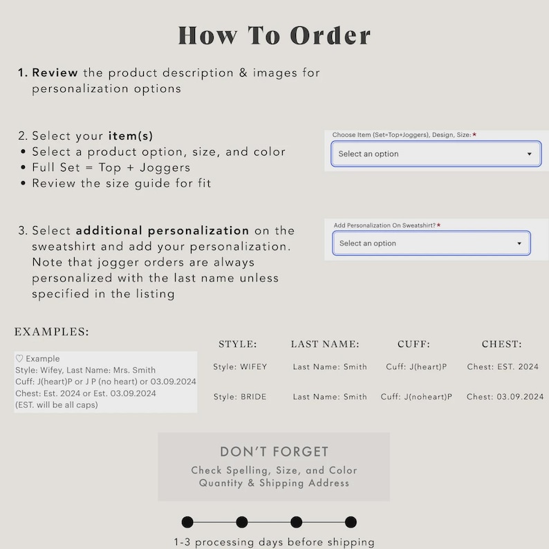 May include: A beige graphic with the text "How To Order" at the top. The image provides instructions for ordering personalized items, including selecting options, adding personalization, and reviewing examples. It also includes a reminder to check spelling and size.