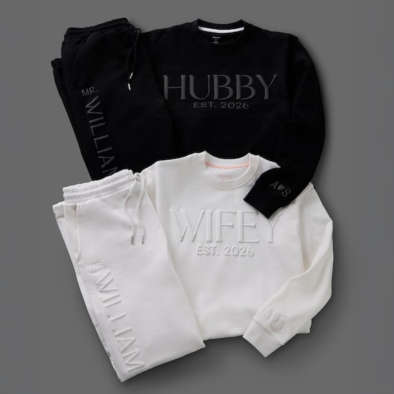 Personalized Puff Wifey Sweatshirt Embossed Couple Sweatshirt Custom Wifey,Hubby Sweatshirt Gift for Newlywed Anniversary, Engagement Gift