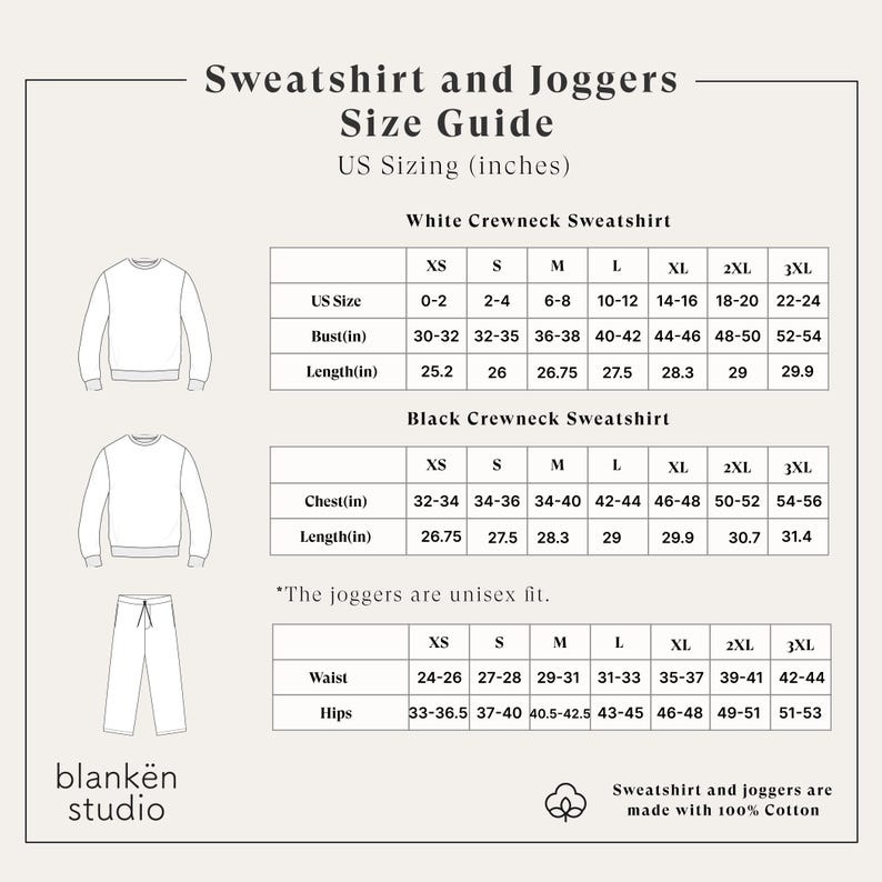 May include: A size guide for sweatshirts and joggers, with US sizing in inches. The guide includes measurements for white and black crewneck sweatshirts, and unisex joggers. The text states the garments are made with 100% cotton.