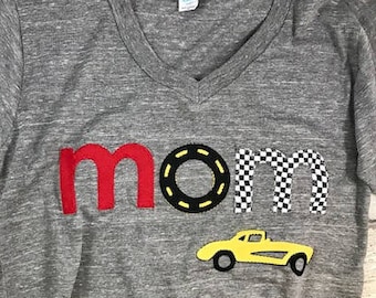 Race Mom, Race Day Shirt, Racing Mom, Women's V-Neck, Family Pit Crew, Championship Party, Test Track, Checkered Racing Flag, Vintage Car