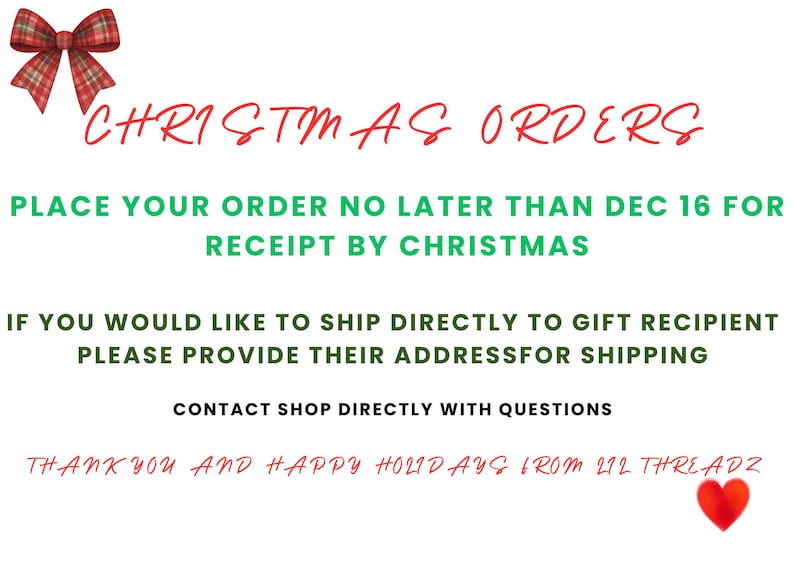text that reads "Christmas AS Orders" and "Place your order no later than Dec 16 for receipt by Christmas". It also provides instructions for shipping directly to gift recipients and encourages direct contact with questions.