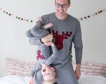 Family Christmas Pajamas, Buffalo Plaid Moose Pajamas for whole family,  Men's Pajamas, Women's Pajamas, Christmas pj for family, family pj