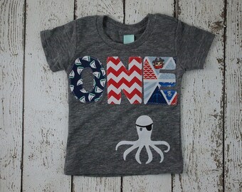 Nautical Pirate Birthday Shirt octopus Boys Tee Organic Blend Burnout Tee