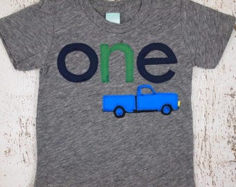 Blue truck shirt, Little truck Birthday, Truck Party, vintage truck,  pick up truck, navy and green, boy's birthday shirt, blue pickup bday