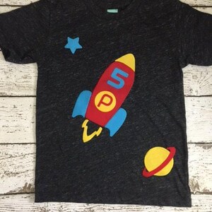 Space themed birthday, space party decor, rocket shirt, Rocket Ship, Spaceship, boy's birthday shirt, planets, planet party, space invite image 2