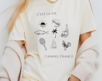 C'est La Vie Shirt, Cannes French Riviera T-shirt, Seafood and Wine Top, South of France Tee, Vintage Mediterranean Beach Vacation Apparel