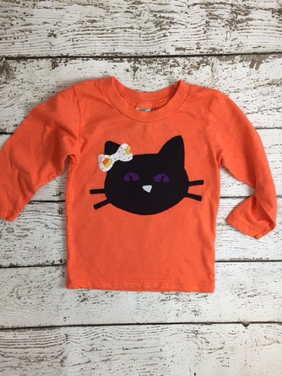 Girl's Halloween Shirt Black cat kitten Childrens Halloween Tee candy corn black and orange available for baby toddler children Il_570xn