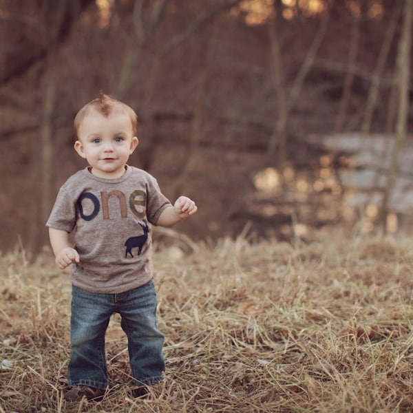 Woodland shirt Navy woodgrain brown olive green Tshirt Deer Detail Birthday shirt Customize colors