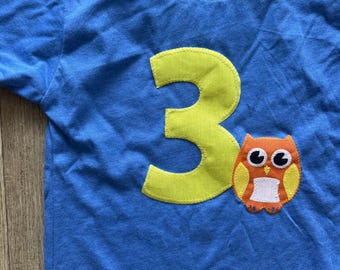 Cute Owl Birthday Number Shirt, Toddler Owl Tee, Bday Number Tshirt for any age, custom embroidered owl T-shirt