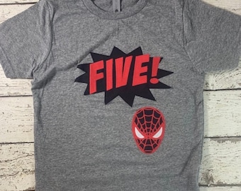 Boys Custom T Shirt Tee, Spider Hero Superhero Shirt, 5th Birthday Shirt, Kids Applique Shirt, Organic Kids Tee