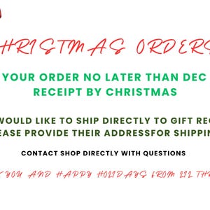 text that reads "Christmas AS Orders" and "Place your order no later than Dec 16 for receipt by Christmas". It also provides instructions for shipping directly to gift recipients and encourages direct contact with questions.