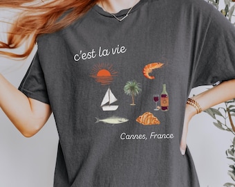 French Riviera T-shirt, South of France food and wine shirt, C'est La Vie Tee, Cannes Côte d'Azur Top, Mediterranean Beach Vacation Apparel