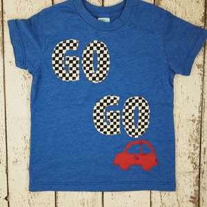 Car Shirt Go Go Go race car Birthday Tee Organic Blend grey Shirt Boys Birthday Shirt little red car chevron