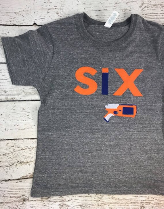 boys birthday shirt, unique kids tee, birthday shirt, gun shirt, tag, water gun party, water gun, blue and orange, birthday, six shirt Il_570xn