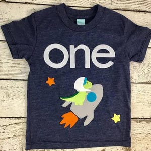 Dinosaur in Space Birthday Shirt, Dino Birthday Outfit, Rocket Ship T-shirt, Personalized Birthday Tee image 1