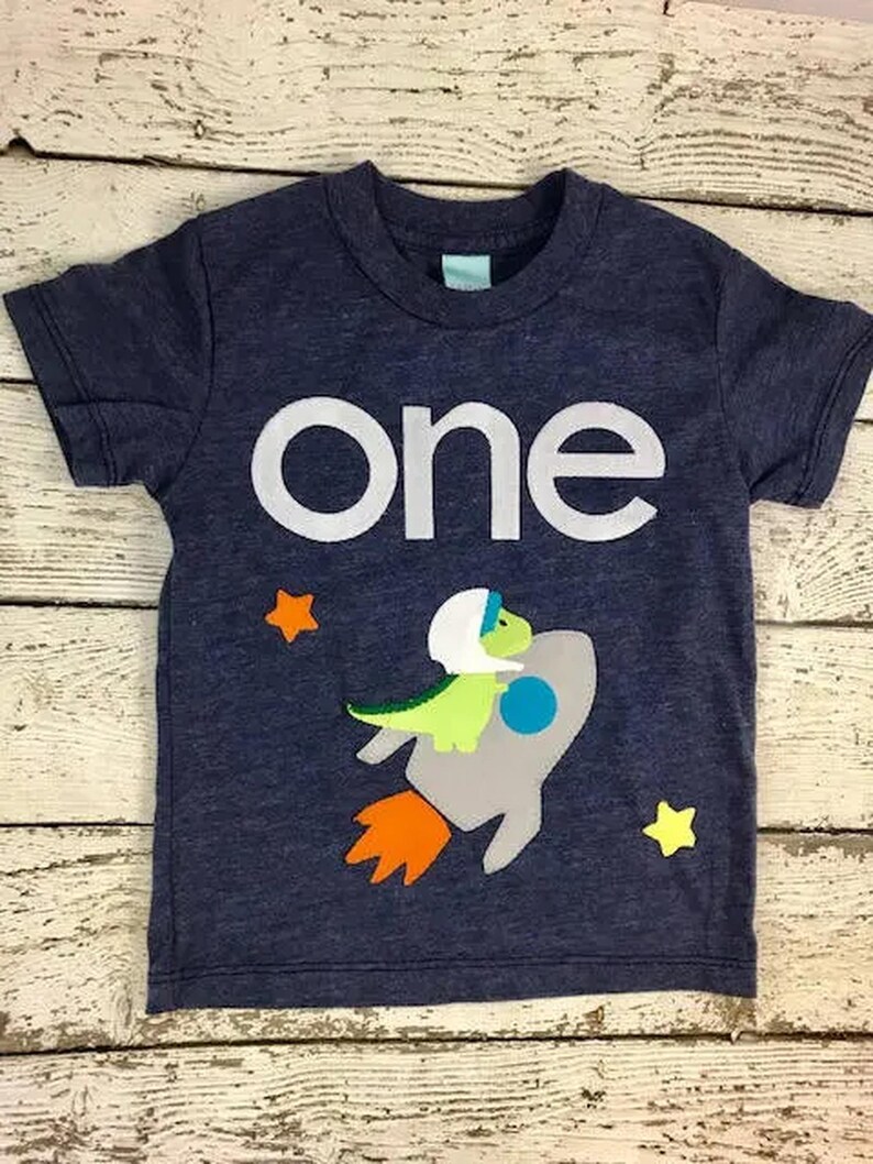 Dinosaur in Space Birthday Shirt, Dino Birthday Outfit, Rocket Ship T-shirt, Personalized Birthday Tee image 1