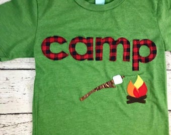 Camping shirt, campfire, camping decor, camping party, kids camping outfit, Childrens camping tee, buffalo plaid decor, camp shirt, campfire