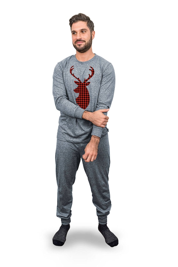 Hipster Family Christmas Pajama, Antler Silhouette, Lumberjack Buffalo Plaid, His And Hers Couples Holiday Matching PJ, Adults Personalized Il_570xn