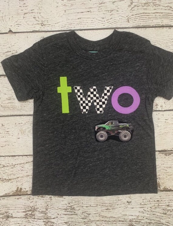 Monster Truck Shirt, race check, lime and purple monster truck Birthday Tee, monster truck party, monster truck birthday, Boy Birthday Shirt Il_570xn
