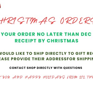 text that reads "Christmas AS Orders" and "Place your order no later than Dec 16 for receipt by Christmas". It also provides instructions for shipping directly to gift recipients and encourages direct contact with questions.