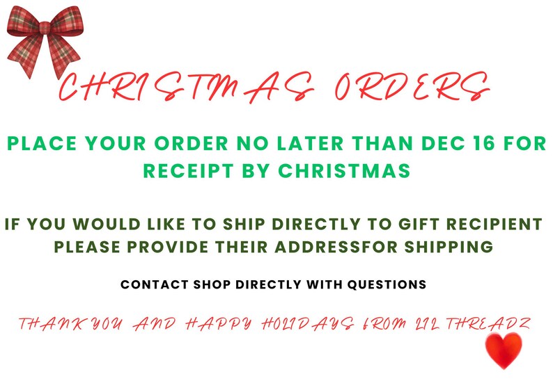 text that reads "Christmas AS Orders" and "Place your order no later than Dec 16 for receipt by Christmas". It also provides instructions for shipping directly to gift recipients and encourages direct contact with questions.