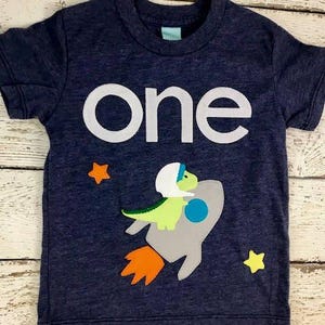 Dinosaur in Space Birthday Shirt, Dino Birthday Outfit, Rocket Ship T-shirt, Personalized Birthday Tee image 2
