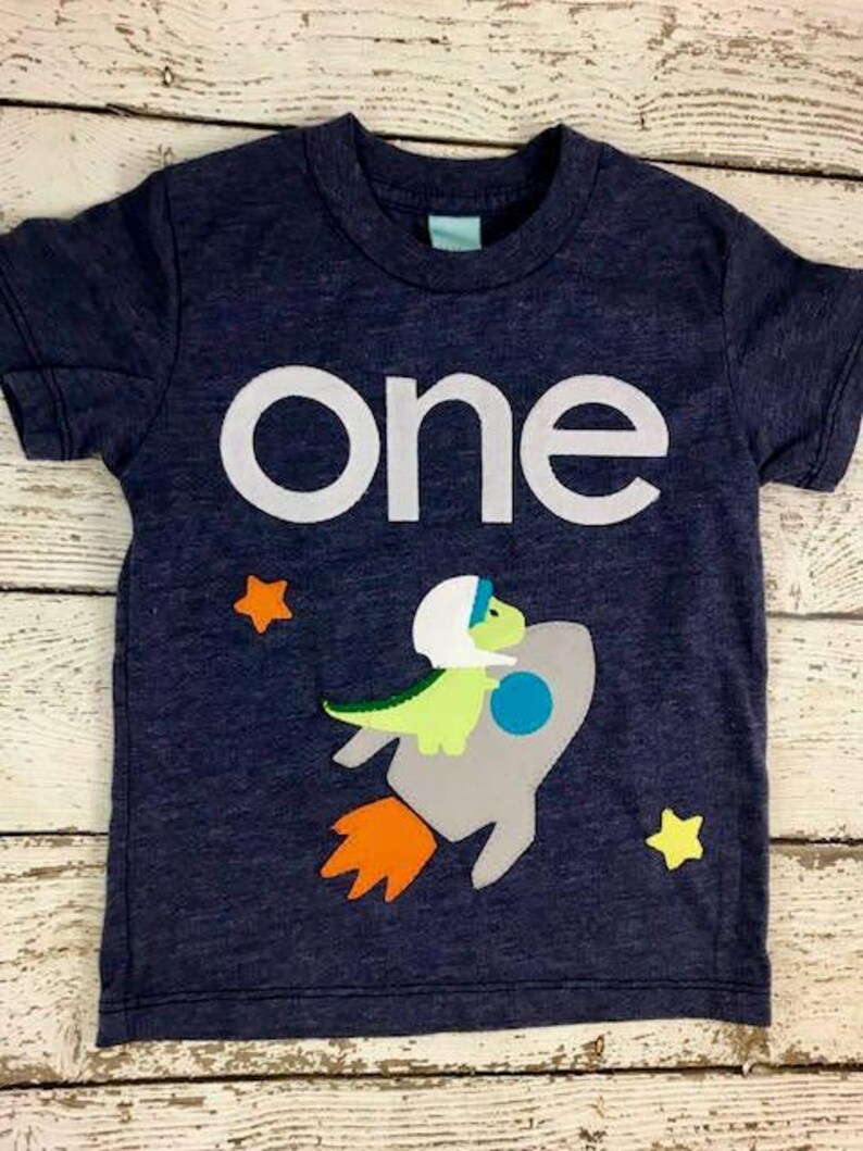 Dinosaur in Space Birthday Shirt, Dino Birthday Outfit, Rocket Ship T-shirt, Personalized Birthday Tee image 2