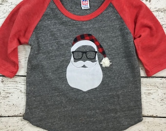 Hipster Santa shirt, buffalo plaid, black glasses, Children's Christmas shirt, raglan shirt, Children's shirt, personalized children's shirt