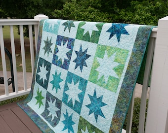 Blue and green batik quilt, Wonky Stars Quilt, Turquoise and green quilt,  quilt for sale