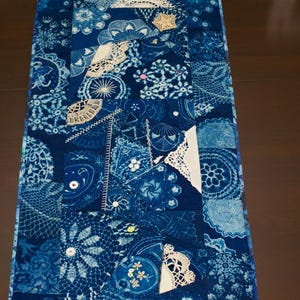 Cyanotype quilted tablerunner with crazy quilt patchwork, vintage doilies and pearl buttons