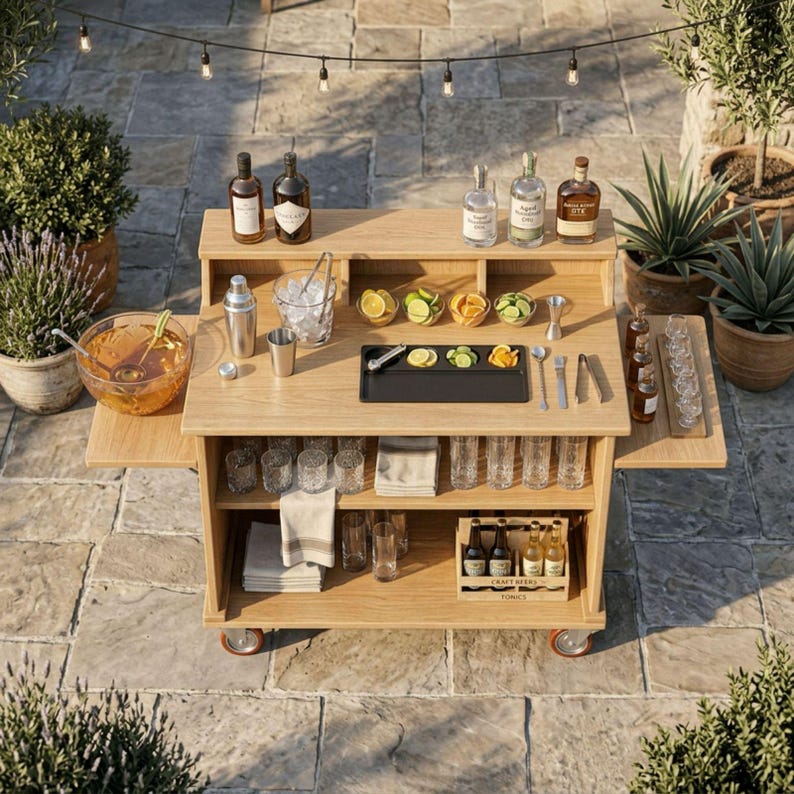 Puede incluir: Un carrito de bar de exterior de madera con ruedas, abastecido con botellas de licor, cristaler&iacute;a y herramientas de bar. El carrito tiene un estante superior con cuencos de c&iacute;tricos y una bandeja negra. Un gran cuenco de ponche se encuentra a un lado.