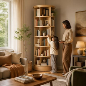 Op de afbeelding: Een hoge, cilindervormige, draaibare boekenkast van lichtgekleurd hout met meerdere open opbergvakken gevuld met diverse boeken en kleine decoratieve voorwerpen, staand op een ronde voet.