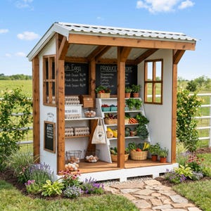 May include: A wooden roadside farm stand with a white frame and metal roof, featuring chalkboard signs for fresh eggs and produce. The structure includes open shelving filled with egg cartons, baskets of vegetables, and a canvas tote bag.