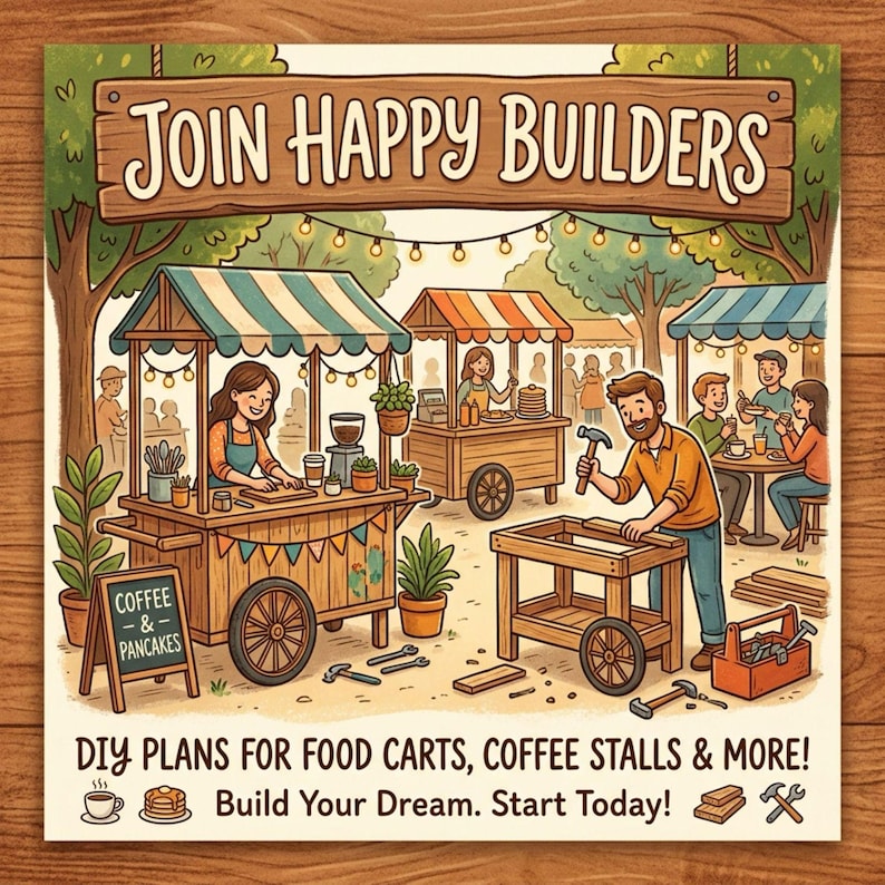 Puede incluir: Un anuncio ilustrado con el texto "JOIN HAPPY BUILDERS" sobre una escena de carritos de comida y personas. La imagen promociona planes de bricolaje para carritos de comida, puestos de caf&eacute; y m&aacute;s, con el lema "&iexcl;Construye tu sue&ntilde;o. Empieza hoy!"