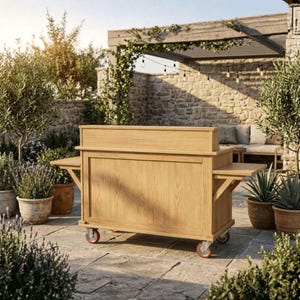 Puede incluir: Un carrito de bar de exterior de madera clara con respaldo elevado y estantes laterales. El carrito tiene ruedas con borde rojo y est&aacute; sobre un patio de piedra. El fondo incluye plantas en macetas, un muro de piedra y una p&eacute;rgola.