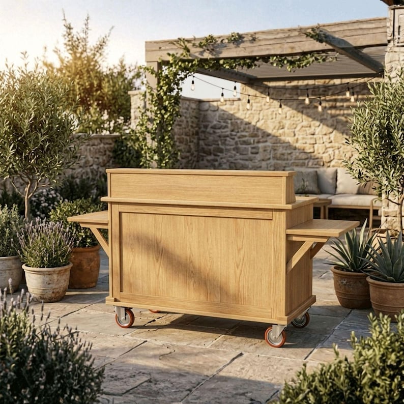 Puede incluir: Un carrito de bar de exterior de madera clara con respaldo elevado y estantes laterales. El carrito tiene ruedas con borde rojo y est&aacute; sobre un patio de piedra. El fondo incluye plantas en macetas, un muro de piedra y una p&eacute;rgola.