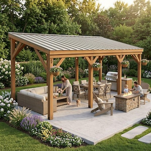 May include: A wooden outdoor pavilion with a slanted metal roof, featuring a wicker sectional sofa, a dining set with chairs, and a stone fire pit table. The structure includes hanging flower baskets and string lights, set on a concrete patio.