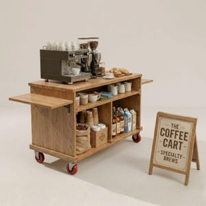 Può includere: Un carrello da caffè in legno con macchina da caffè, macinacaffè, tazze e pasticcini. Il carrello ha ripiani con provviste e un cartello con la scritta "The Coffee Cart - Specialty Brews."